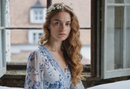 BloomCore, intimate bedroom portrait photo of european 30 y.o  woman, Honey hair,  perfect natural face, no makeup,natural body, natural skin, georgian windows, [floral print], 8k uhd, high quality <lora:add-detail-xl:1>  <lora:BloomCore:0.9>