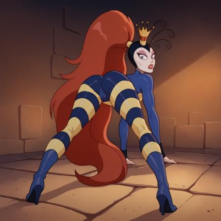 bodysuit, striped boots, high heels xqueenwhnx, red hair, very long hair, ponytail, crown, antennae, eyeshadow, lipstick, large breasts