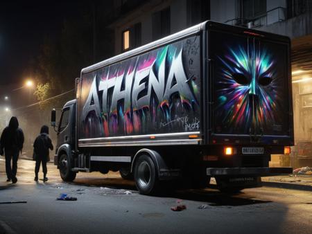 "ATHENA" text logo <lora:Harrlogos_v2.0:0.69> silver black graffiti bombing, thick lines <lora:ral-oilspill-sdxl:0.64> ral-oilspill, a delivery truck, standing on the sidewalk in a dark street with rubbish on the floor, at night, dim light, people with skimasks fleeing