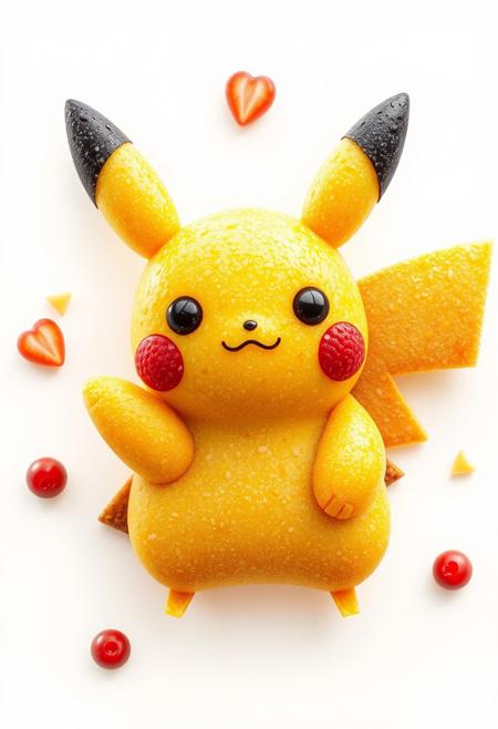 realistic digital art, cute pikachu made of yummy food, kawaii