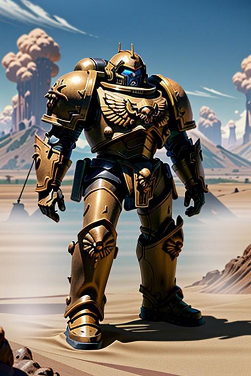 best quality,masterpiece,highly detailed,ultra-detailed, photo, photo-realistic, outdoors, blue sky, farmland, no humans, warhammer40k, armor, shoulder armor, power armor, greebles, realistic