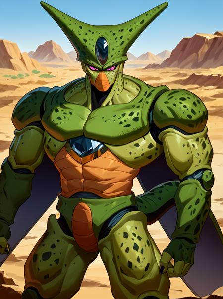 green skin villain evil imperfect cell dragonball z android indomitable green body 1boy male focus solo fingerless gloves tail looking at viewer sky colored skin day outdoors upper body blue sky simple background standing no humans border