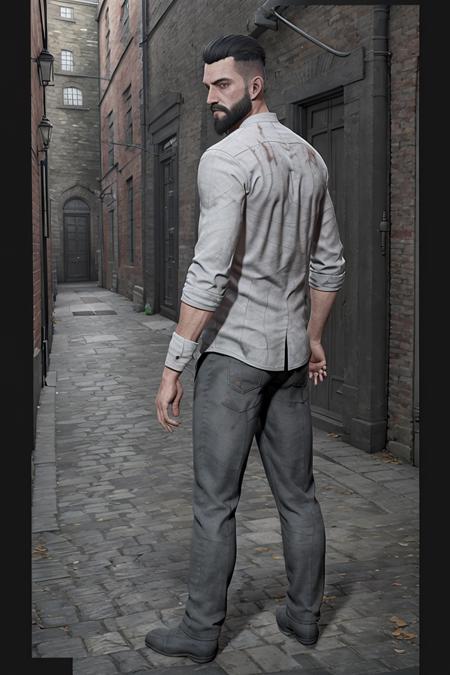 Jonathan_Reid, (bearded man), handsome, <lora:Jonathan_Reid_Vampyr_Test2:0.6>, full body, Vampyr_Game, Victorian London alley background, from behind