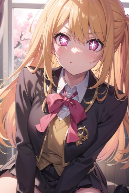 rubyhoshino, <lora:rubyhoshino-lora-nochekaiser:1>, 
ruby hoshino, (yellow hair:1.5), long hair, one side up, (pink eyes:1.5), sidelocks, (star-shaped pupils:1.5), (symbol-shaped pupils:1.5), (mismatched pupils:1.5),
BREAK black vest, blue jacket, bow, bowtie, collared shirt, cropped jacket, jacket, kneehighs, long sleeves, pink bow, pink bowtie, pleated skirt, school uniform, shirt, skirt, socks, vest, white shirt, white socks, youtou high school uniform,
BREAK looking at viewer,
BREAK indoors, classroom,
BREAK <lyco:GoodHands-beta2:1>, (masterpiece:1.2), best quality, high resolution, unity 8k wallpaper, (illustration:0.8), (beautiful detailed eyes:1.6), extremely detailed face, perfect lighting, extremely detailed CG, (perfect hands, perfect anatomy),