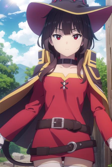 konosubamegumin, <lora:konosuba megumin movie-lora-nochekaiser:1>, 
megumin, short hair, black hair, (red eyes:1.3), short hair with long locks,
BREAK thighhighs, gloves, hat, dress, black gloves, belt, black thighhighs, fingerless gloves, cape, collar, witch hat, bandages, red dress, single thighhigh, asymmetrical legwear, bandaged leg,
BREAK outdoor, forest, nature, trees, village, sky, sun, clouds,
BREAK looking at viewer, (cowboy shot:1.5),
BREAK <lyco:GoodHands-beta2:1>, (masterpiece:1.2), best quality, high resolution, unity 8k wallpaper, (illustration:0.8), (beautiful detailed eyes:1.6), extremely detailed face, perfect lighting, extremely detailed CG, (perfect hands, perfect anatomy),