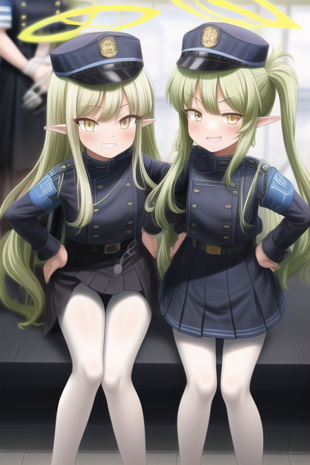 Student(Blue archive),green halo,halo, uniform,hat with metal batch,uniform, golden buttom, skirt,green hair,yellow eyes, pointy ear,demon tail,tail,tool belt with key rings,white pantyhose, full pantyhouse