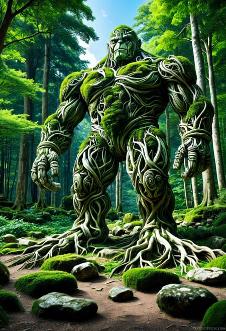 score_9,score_8_up,score_7_up, PG-TR, This is a vibrant, fantasy illustration of a large, golem-like figure that appears to be made of stones and rocks, partly overgrown with lush green foliage. The figure stands in a forested environment, with trees and plants surrounding it, and in the background, ruins or other stone structures are visible. The sky above is clear blue with some white clouds, indicating a sunny day.
The colossus itself is impressively large, with a broad posture and thick, robust limbs. Its body is a mix of gray and brown stones, some smoother than others, with cracks and moss growth emphasizing its age and natural integration. The most striking feature is the dense layer of bright green leaves covering large parts of its torso, shoulders, and upper legs, as if it has become part of the forest itself.
The colossus's face is somewhat human-like, with a stylized, flat nose and indentations suggesting eyes, all formed from stone. The overall atmosphere of the image is one of wonder and mystery, fitting for a fantasy world. <lora:Treeroots_0_90_multi2_Handprocessed_V2:1>