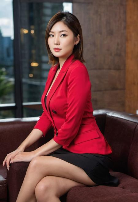 (Best quality, 8k, 32k, Masterpiece, UHD:1.2),Photo of Pretty Japanese woman, 1girl, (medium-short dark brown hair), double eyelid, large breasts, breast cleavage, sexy tight red shirt, black suit skirt, sitting on office sofa, leg crossed, fashion model posing, sexy face, look at viewer, blurred back, single-lens reflex