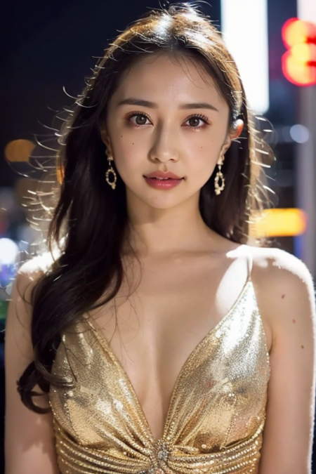 1girl wearing a glamorous dress,(RAW photo, best quality), (realistic, photo-realistic:1.4), masterpiece, an extremely delicate and beautiful, extremely detailed, 2k wallpaper, Amazing, finely detail, extremely detailed CG unity 8k wallpaper, ultra-detailed, highres, soft light, beautiful detailed girl, extremely detailed eyes and face, beautiful detailed nose, beautiful detailed eyes,cinematic lighting,city lights at night,perfect anatomy,slender body,