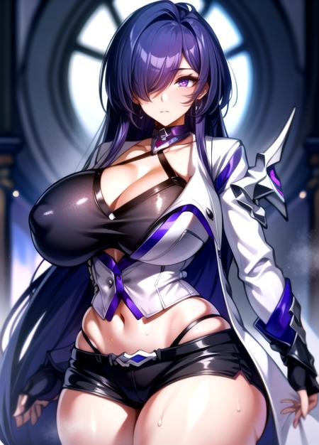 (best quality:1.0), highres, beautiful, 1girl, (huge breasts, curvy breasts:1.2), best quality, beautiful detailed eyes, ((ultra-detailed)), (masterpiece:1.0), symmetrical eyes, symmetrical face, perfect skin, (absurdres:1.2), mature female, steaming body, sweaty body,  shiny skin, soft lighting, narrow waist, wet body, thick thighs, hourglass figure, photography, 8k, perfect lighting, cameltoe, thick thighs, intricate detail, skin tight, ((wet and sweaty body)), ((steaming body)), blush, lipstick, long fingernails, makeup, shiny, shiny skin, solo, curvy, long hair,  <lora:Acheron4:0.8>, purple hair, hair over one eye, purple eyes, ((purple and white jacket)), shorts, (white streaks), (sheathed sword on back),  <lora:add_detail:0.6>