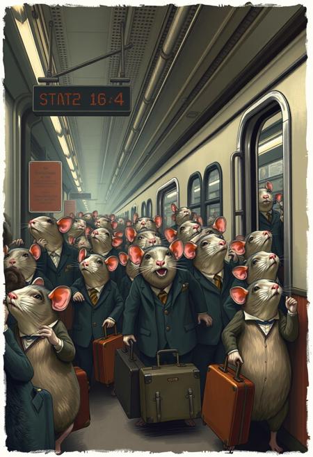 a city subway station, a crowd of rats with suit on and suitcases, hopping on to the train and out