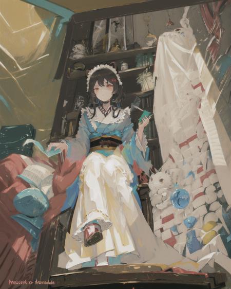 masterpiece, best quality, ultra-detailed, illustration, portrait, 
close up,full body,
left red eyes,right yellow eyes,
<lora:inuitoko:0.84>,
InuiTokoMaid,
(1girl), 
animal ears, maid headdress, 
maid kimono, 
sitting on chair,
geta, 
bookshelf, library,  dimly lit,