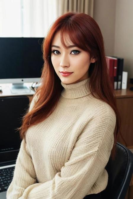 A woman wearing a blazer, office clothes, resembling an Asian woman, with brown hair, blue eyes and little makeup, with an intent badge, in a technological office, where she has the stereotype of a nerd with big breasts amidst several computers, raw photo, (18yo redhead girl:1.2), makeup, graphic eyeliner, rouge, (choker:0.9), realistic skin texture, oversize knit sweater, (red:0.8), softcore, warm lighting, cosy atmosphere, instagram style