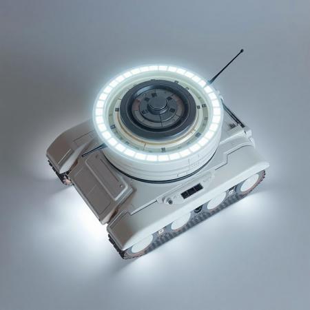 ((top view)), (tank),
Compact boxy tank with soft rounded edges and a rotating nanite field ring on top.
Chassis: Smooth pearl-colored plating grown from engineered minerals. Gentle concave hull lines simulate growth rings.
Tracks: Small caterpillar treads reinforced with self-healing mesh. Slightly translucent armor skirts.
Details: Repair drones dock into dorsal ring. Nanite discharge ports glow when self-repairing.
Lights: Constant soft white glow beneath tank; nanite ring pulses when active.