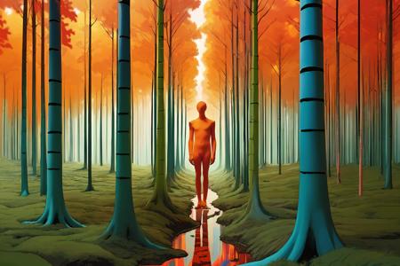 A surrealistic fusion of Reuben Wu's ethereal landscapes with Nick Knight's hyper-realistic models. A Synthetic forest of barcode trees, where creatures with Taro Okamoto's biomechanical limbs frolic and play. The sun sets in vibrant, electric hues, casting long, synthetic shadows that distort the Sharp Focus images of the models. In the distance, a satellite hovers, projecting old school designs onto the landscape, OverallDetail