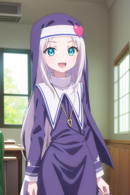 mariatakayama, <lora:maria takayama s2-lora-nochekaiser:1>,
maria takayama, long hair, blue eyes, fang, aqua eyes, smile, open mouth,
BREAK jewelry, heart, necklace, nun, habit,
BREAK indoors, classroom,
BREAK looking at viewer, (cowboy shot:1.5),
BREAK <lyco:GoodHands-beta2:1>, (masterpiece:1.2), best quality, high resolution, unity 8k wallpaper, (illustration:0.8), (beautiful detailed eyes:1.6), extremely detailed face, perfect lighting, extremely detailed CG, (perfect hands, perfect anatomy),