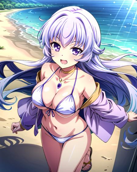 KuutanKoihime, 1girl,  light purple hair, long hair, (masterpiece, best quality, highres:1.2),detailed eyes, breasts,  highres, detailed eyes, ultra detailed body, white bikini, micro bikini, swimsuit, jacket, wide sleeves, open clothes, jewelry, purple gemstone, choker, circlet, off shoulder, smile, walking, sandals, hand up, open mouth,beach, sand, sky, blue sky, day, from above, solo,
 <lora:KuutanKoihime:0.7>  <lora:add_detail:0.5> <lora:anti_longtorso_v10:1>