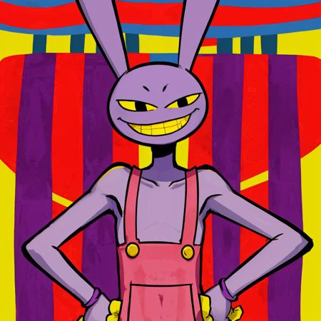 JaxAmazing , circus background , evil smile , yellow loves , hands on hips,bunny man, purple skin  <lora:JaxAmazingLora-000009:0.8>