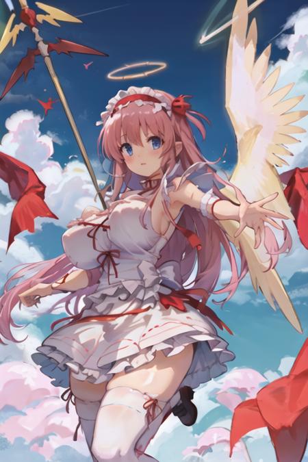 nodokaharamura, 1girl, solo, pink middle hair, huge breasts, red ribbon,
spear, white dress, maid headdress, wings, halo
 <lora:nodokaharamura:0.8>
outdoor, sky, flying,