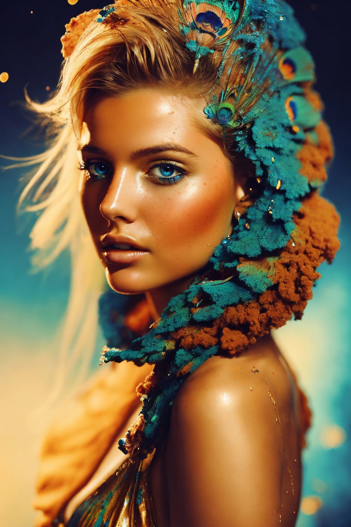 photorealistic Artwork by Alberto Seveso. Peacock. Oil paint splashes. Glowing clouds. Cosmic space background. Texture. L...