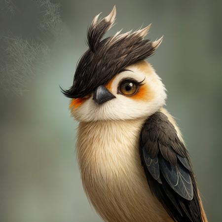 Original Prompt: A cute and shy female corvid with feathers acting as bangs covering one of its eyes.

Revised Prompt:  A charming, timid female corvid with a distinctive plumage arrangement, where a few strategically placed feathers swoop down to form endearing bangs, coyly covering one of its bright, inquisitive eyes, in the style of Loish's expressive, emotive character designs, infused with the whimsical charm of Emily Carroll's intricate illustrations, and the atmospheric, mystical essence of Ash Thorp's digital paintings.