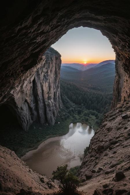 raw photo, a sunset landscape, oregon mountains, forested cliffs, cozy, photorealistic, (cave: 1.29), high detailed texture, 8k uhd, dslr, soft lighting, high quality, film grain, Fujifilm XT3, Sony A7 IV, highly detailed photography, (muted colors, cinematic, dim colors, soothing tones:1.2), vibrant, insanely detailed, hyperdetailed, (dark shot:1.2), (vsco:0.3), (intricate details:0.9), (hdr, hyperdetailed:1.2) (highest coherency: 1.39) (highest quality: 1.39) (rule-of-thirds) (award-winning) (masterclass) (highest resolution: 1.39)