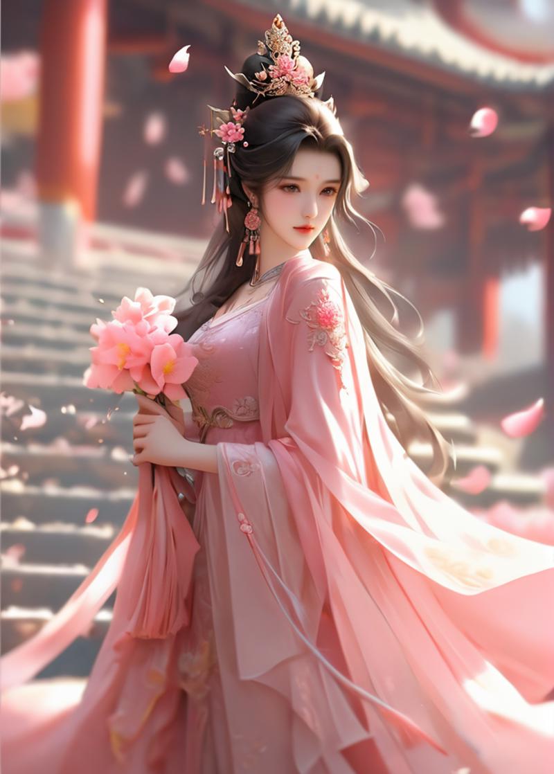 A pretty girl in a pink dress holding a pink flower.