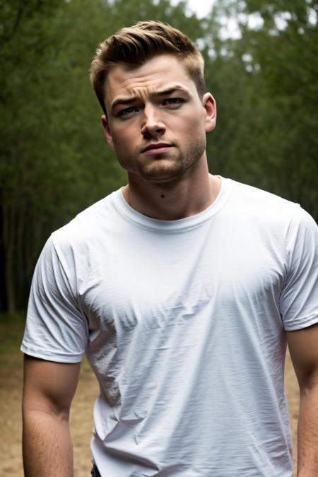 portrait of a guy, masculine, realistic, upper_body,, face focus, blurry background, white shirt 1man,  TaronEgerton, <lora:Taronegerton:0.7>, simple background, outdoors,  (masterpiece, best quality:1.5), (masterpiece,best quality:1.5)