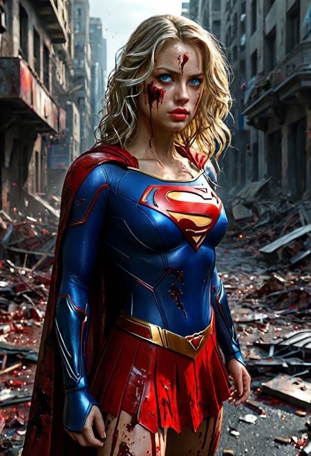 High resolution ultra-realistic of beautiful Supergirl with wavy blolnde hair, Greg Rutkowski, Intricately Designed Handsome dirty bloody face, Realistic beautiful bllue eyes, Atrractive 21 years old woman, dark sci-fi elements, Standing in the middle of a bloody battle on the battlefield, Streets of a metropolis full of debris, in a fighting pose, Intricately designed tight Blood-stained combat costume, red mini skirt, red cape, heroic stance, DC Comics, Realistic Firm breasts, 8K, ultra-realistic body, bloody realistic costume, Supergirl covered in blood on her body, realistic red lips, adding to the intense and dynamic atmosphere of the scene, without makeup, Asymmetrical Balance, hyperdetailed painting, dynamic lighting, adding to the intense and dynamic atmosphere of the scene, complex masterpiece