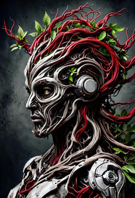 ultra detailed complex 3d rendering of a beautiful porcelain profile android face morph-treeroots, cyborg made of cd's, robotic parts made of branches and leaves, 150 mm, Beautiful soft studio light, Ring light, vibrant details, luxurious cyberpunk, lace, hyper realistic, anatomic, facial muscles, electric red cables, microchip, elegant, beautiful background, octane rendering, HR Giger style, 8k, best quality, artwork-before, illustration,, extremely delicate and beautiful, extremely detailed, CG, unity, wallpaper, (realistic, photorealistic : 1.37), unbelievable, finely detail, artwork-before, best quality, official art, extremely detailed 8k unity CG wallpaper, absurd, incredibly absurd, robot, metallic silver helmet, full body, combat position