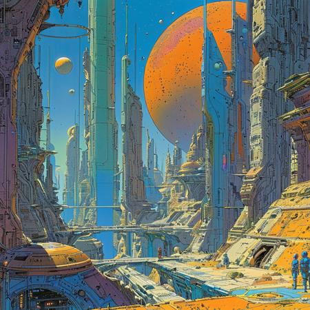 score_9, score_8_up, score_7_up, FRESHIDESH Moebius comic book, Sci-fi metropolis, busy streets, alien world, multiple moons, concept art, detailed, masterpiece