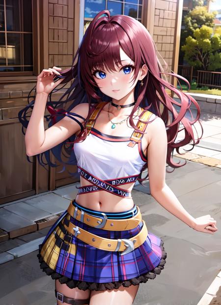 masterpiece, best quality, ultra-detailed, illustration, 1girl, solo, looking at viewer,  <lora:funkydancing-outfit-v12h:1>, funkydancing outfit, black choker, bare shoulders, bare arms, crop top, midriff, collarbone, necklace, miniskirt, frilled skirt, plaid, belt, thigh strap, cowboy shot,  <lora:ichinose_shiki_v1:0.6> , ichinose shiki, long hair, ahoge, medium breasts, outdoors