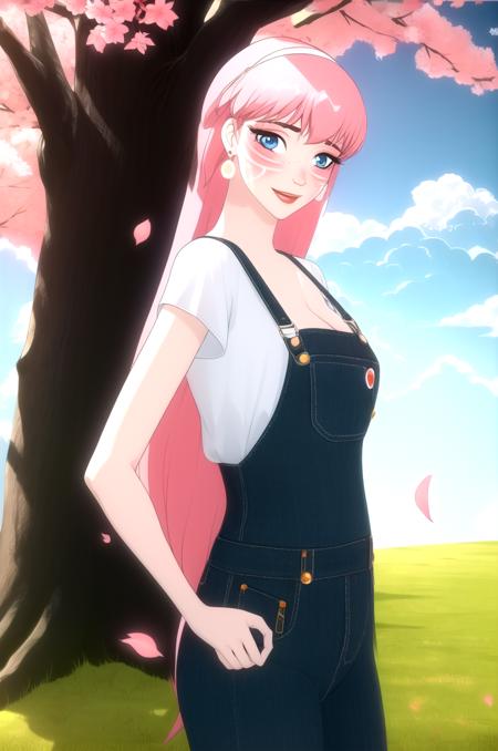 masterpiece, high quality, highres, 1girl, solo,
<lora:Belle-v1-01:1>, ChopioBelle, pink hair, long hair, jewelry, earrings, white hairband, blue eyes, (blush:1), looking at viewer,
outdoors, sun, sunny, sun diffraction, field, grass, standing, from front, seductive smile,
dungaree, cleavage, looking at viewer, sweat, <lora:sweat_lotion_v2:0.15>, cherry blossoms, falling petals, cute pose, white shirt, strap slip, from side, arms behind back, leaning forward,