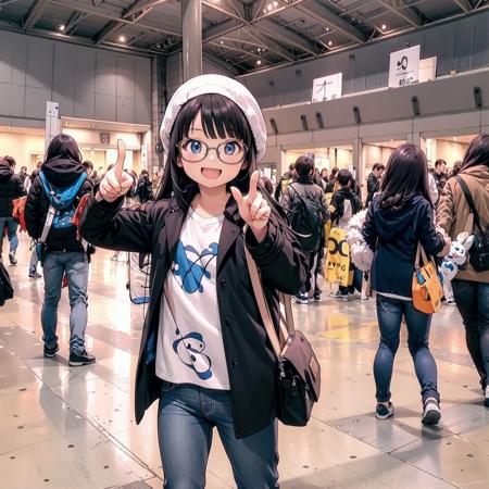 best quality, ultra-detailed, illustration,
1girl, solo, glasses, black hair, long hair, field jacket, jeans, black bag, smile, laughing, pointing at another, looking at viewer, 
comiket, photo background, scenery, real world location, 6+boys, crowd, indoors
 <lora:comiket_SD15_C103:1>