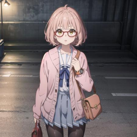 short hair,brown hair,brown eyes,glasses,bob cut,cardigan,blush,school uniform,red-framed eyewear,serafuku,bangs,ahoge,open cardigan,sailor collar,skirt,pantyhose,black pantyhose,long sleeves,parted lips,pleated skirt