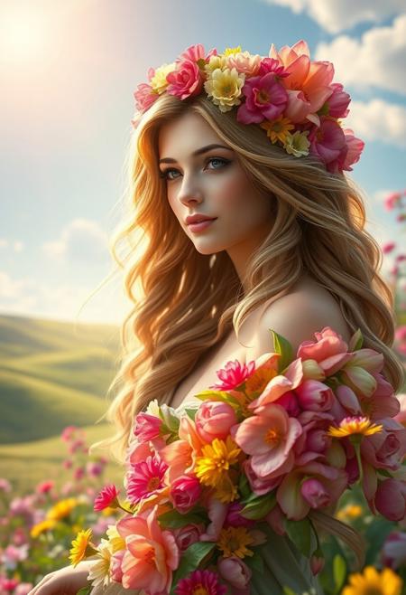 Masterpiece. A close-up portrait of the goddess Flora, the Roman deity of flowers, spring, and renewal. She is depicted as a graceful figure with flowing hair adorned with a crown of vibrant blossoms. Her attire is a flowing, ethereal dress made of petals in shades of pink, green, and gold, symbolizing the abundance of nature. Surround her with a lush garden filled with colorful flowers in full bloom and a soft golden light that enhances the scene's magical and serene atmosphere. The background should include rolling meadows and a clear blue sky. beautiful woman, inspiring, flower, high-res, semi realistic, best quality, intricate details, ultra details, good lighting, vibrant colors, very detailed, octane render, ray tracing