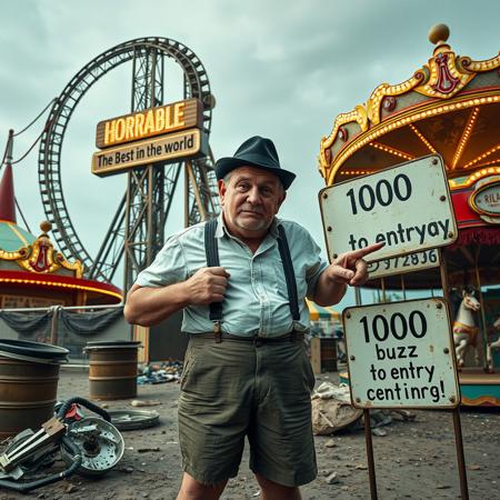 score_9, score_8_up, score_7_up, a decadent amusement park, dirty, trash, dust,  a giant HORRIBLE ruined roller coster with a large sign with lights with the text "The Best in the world", some light bulbs burned out, carousel with broken horses
An elderly man with a wrinkled, semi-bald face with a grimace, squinting eyes, wearing suspenders, shorts, and a dirty white shirt, mustard and ketchup stain,  gangster hat, pointing at a sign with the text "1000 buzz to entry"