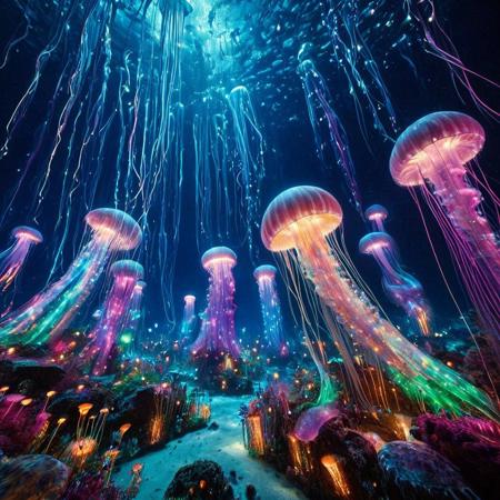 masterpiece, best quality, ultra-detailed, vivid lighting, wide-angle underwater shot. A vast, dreamlike marine world glowing with vibrant, bioluminescent light. The ocean floor is teeming with life — coral towers and waving sea anemones in radiant purples, pinks, blues, and greens, each pulsing softly like underwater lanterns. Enormous jellyfish drift slowly through the water, their translucent bodies trailing long luminous tendrils. Schools of small fish swim in coordinated patterns, their scales reflecting the colored light like polished glass. Gigantic deep-sea creatures hover silently in the distance, casting shimmering shadows over the reef. The bioluminescent sources — fish, flora, and mysterious deep-sea entities — are the only illumination, painting the scene with brilliant, surreal hues. The water is crystal clear, filled with glowing particles in constant motion, giving the impression of drifting stardust. Mood: awe-inspiring, enchanted, full of movement and life.