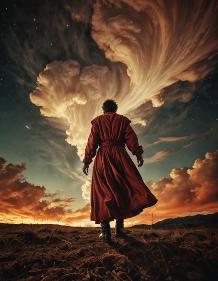 epic, cinematic, dynamic angle, full body, photograph, landscape of a vibrant and mesmerizing scene depicts a sci-fi, with swirling clouds of red, yellow, and orange floating in the air. The background is blurred, allowing the viewer to see every detail of this surreal world. The image captures a sense of mystery and intrigue, Stars in the sky, Slow Shutter Speed, Fomapan 400, F/5, Calotype, stylized by Carlo Crivelli, Agostino Arrivabene, positive emotional, great light, illustrious, pure, grand illumination