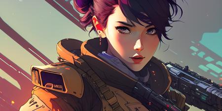 (samdoesart:1.3) (dreamlikeart:1.2) full body action pose of a beautiful young lady, short purple hair, hair bun, (sci-fi:1.2), masterpiece, intense shadows, ambient light, illustration, (thick outlines:1.2), cartoon, highres, drawn by (Yoji Shinkawa:1.1), Jovana Rikalo, Lois Van Baarle, Jakub Rozalski, (kuvshinov:1) <kuvshinov>