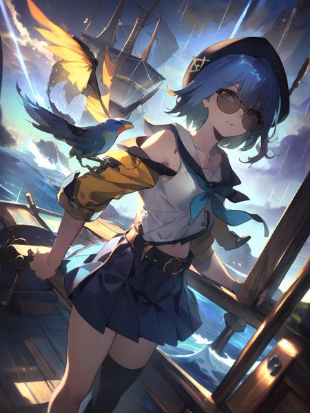 masterpiece,best quality,highres,cinematic lighting,dramatic angle,jail,prison,<lora:ShadowverseBarbarosV1-000030:0.8> ,portrait,wet,sailor collar,bowtie,bare shoulders,white shirt,hat,hair ornament,blue short hair,gardient hair,yellow eyes,belt,pleated skirt,(single thighhigh:1.1),bird,close-up,straight-on,rain,heavy rain,raindrop,strong wind,wheel,on boat,ship,on ship deck,wooden floor,waves,thunderstorm,aboard ship,sunglasses,portrait,close-up,mast,sail,rudder,helm,stain against the storm,extremely detailed,anchor