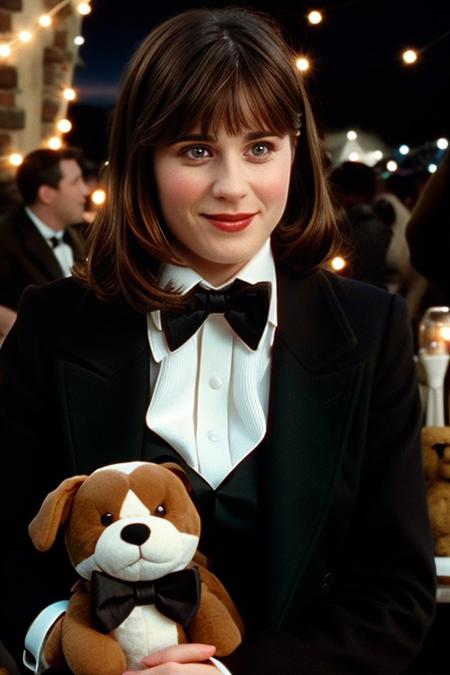 Tr1ll1an, a photoshoot of a woman wearing a black bowtie and suit looking at a stuffed brown&white dog plush in an outdoor café, 