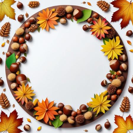 This is a circle without a background. There is no paper in the middle of the picture. The circle is surrounded by chestnuts, 
acorns, 
corn, 
colorful autumn flowers with light edges. The autumn flowers and the paper together create a natural and harmonious atmosphere.
