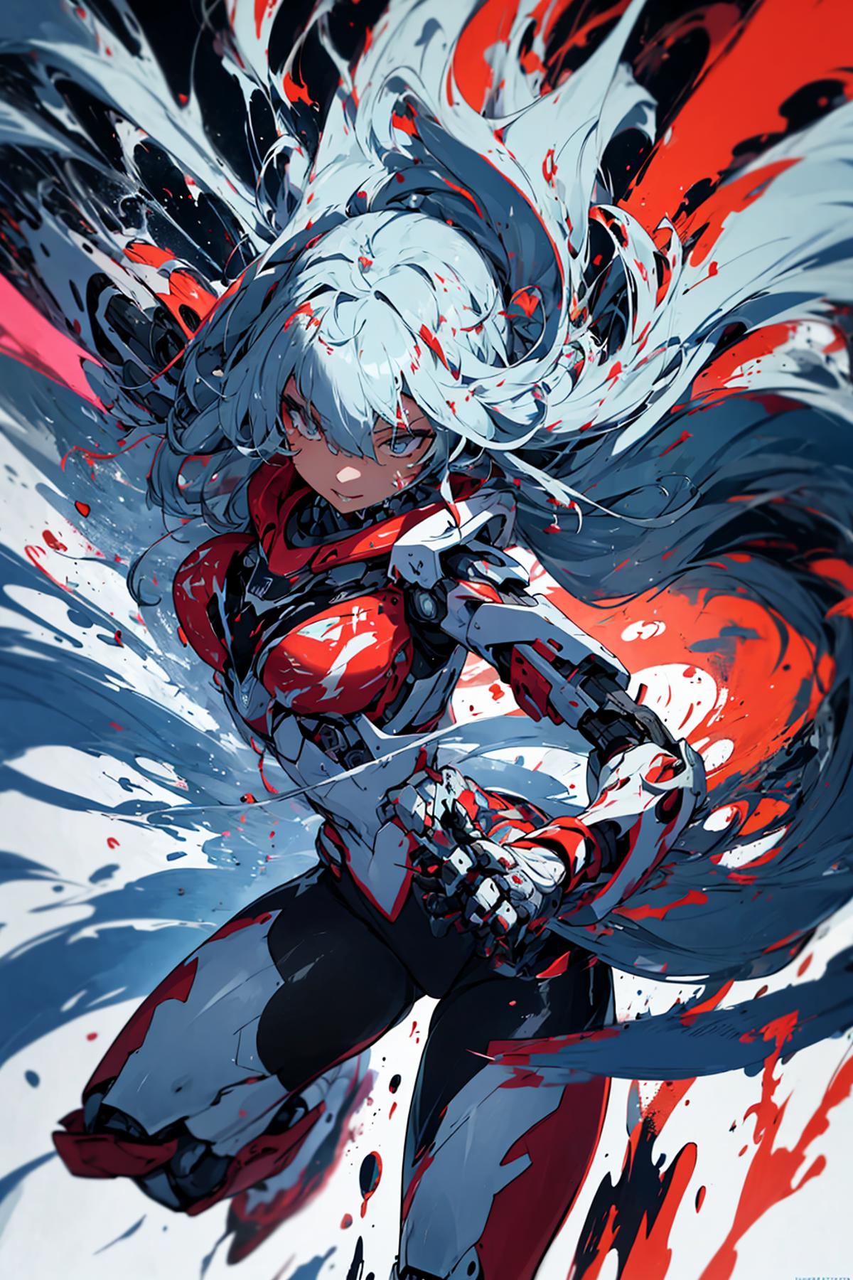 A colorful drawing of a woman with blonde hair, holding a sword and surrounded by a splash of red paint.