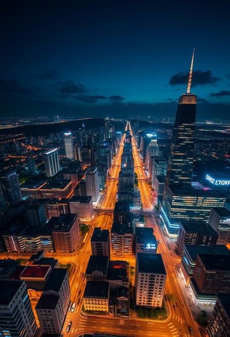 Gravity has disappeared in the night city and everything starts to rise into the air, a bird's-eye view,