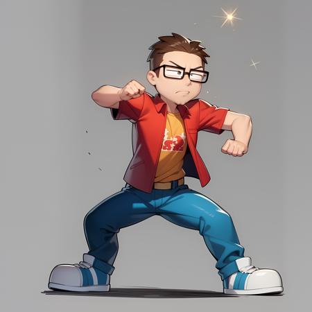 ((masterpiece, best quality)),(complex lighting), 1boy,full body,solo, Steve smith,   <lora:SteveSmith1-10:0.6>,glasses, red jacket, short sleeves jacket, shirt, open clothes, simple background, black eyes, (cleft chin), fighting stance, blue pants,