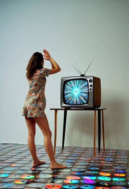 A young woman standing, bowing and smacking (an open retro TV with bright noise pattern playing on the screen) in a room made of cd's.