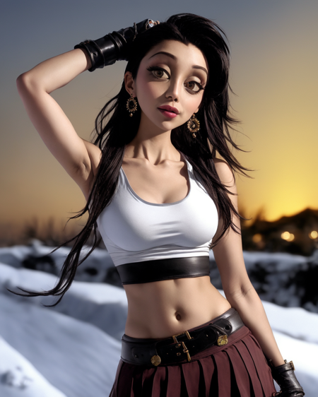 by TimBurton Animation <lora:TimBurton_Animation_offset:1.4>, horror \(theme\), wide eyes, night,  tifa lockhart, 1girl, thick lips, arm up, armpits, artist name, belt, black hair, breasts, brown eyes, cleavage, closed mouth, collarbone, crop top, earrings, elbow gloves, elbow pads, gloves, jewelry, large breasts, lips, long hair, low-tied long hair, midriff, navel,  outdoors, skirt, smile, solo, stomach, suspenders, tank top, upper body, ((masterpiece)) <lora:tifa_lockhart_offset:0.5>