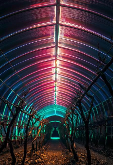JNANX,luminous white silhouette,cyan glow,emerald highlights,flickering outline,dreamlike movement,rippling colors,drifting embers,infinite black background,psychedelic colors,ethereal,futuristic surrealism,gw,glowing,night,night sky,trippy,
 Capture the interior of a typical arched-roof greenhouse used for cultivating grapes, possibly Shine Muscat, in the Buyeo region of South Korea. The metal frame of the greenhouse creates a repeating pattern of lines converging in the distance. Bare, pruned grapevines are the main subject, their woody branches twisting and reaching along support wires. The ground beneath the vines is littered with dry leaves. Sunlight streams through the translucent roof, illuminating the scene with a cool, daytime light.