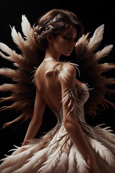 closeup, ral-feathercoat, a woman in a white dress with feathers on it <lora:ral-feathercoat:1> black background, dim warm backlight, ring light